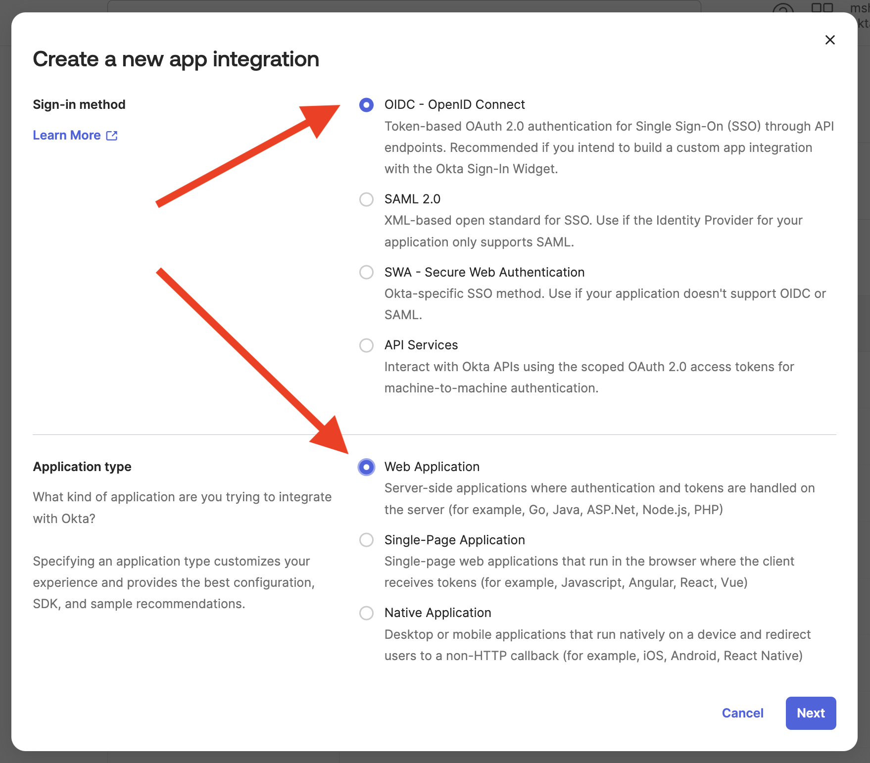 The Okta app creation window with OIDC and Web Application selected. The Okta app creation window with OIDC and Web Application selected.