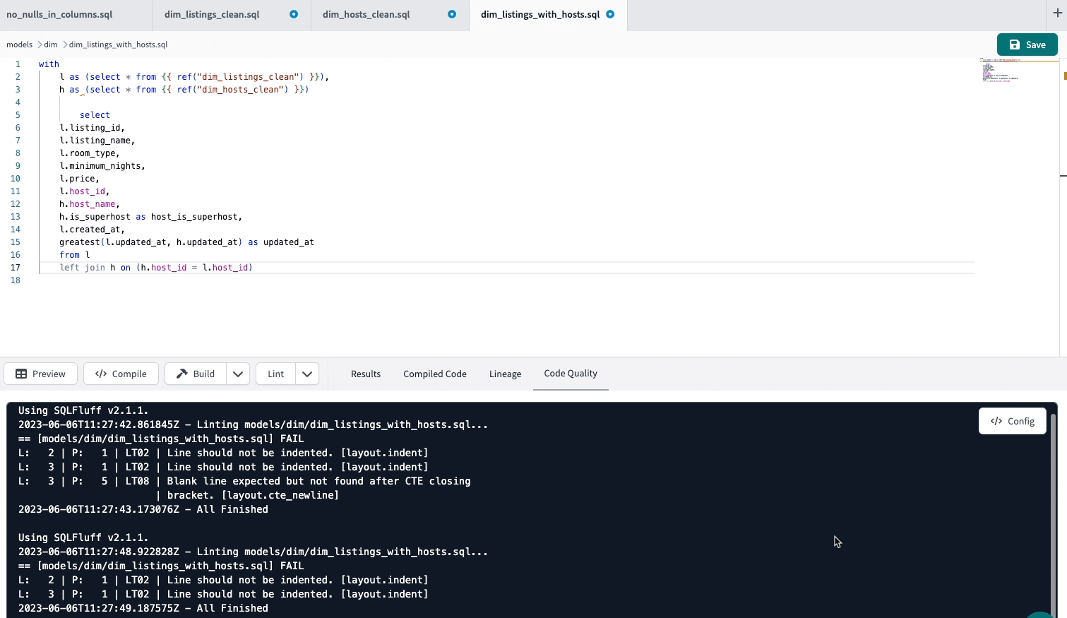 Use sqlfmt to format your SQL code. Use sqlfmt to format your SQL code.