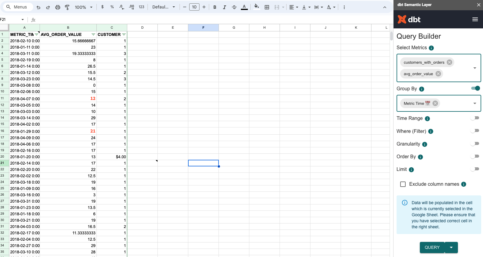 Use the dbt Semantic Layer's Google Sheet integration to query metrics with a Query Builder menu. Use the dbt Semantic Layer's Google Sheet integration to query metrics with a Query Builder menu.